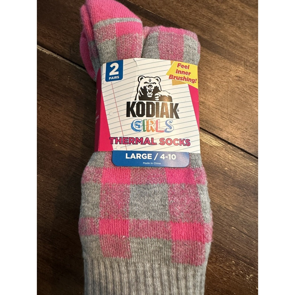 Kodiak Girls Thermal Socks Large 4 10 2‎ Pairs Pink Gray Plaid New